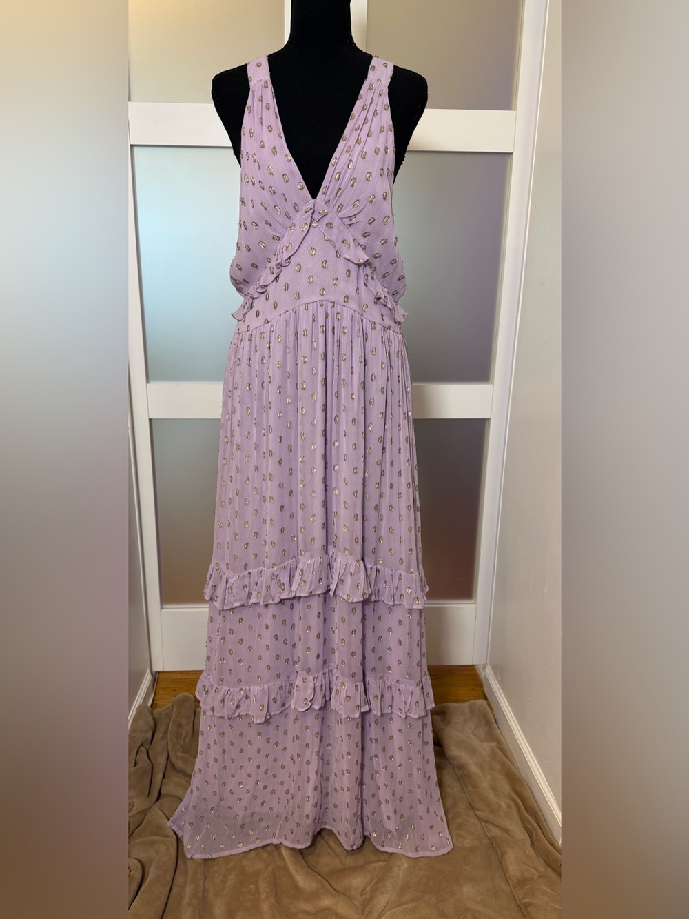 Altar'd State Lilac and Gold Boho Empire Waist Maxi Dress, Size Large.